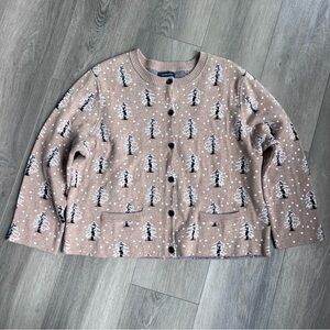 Vintage Lands End Womens Size LP Snow Tree All Over Print Knit Cardigan Sweater